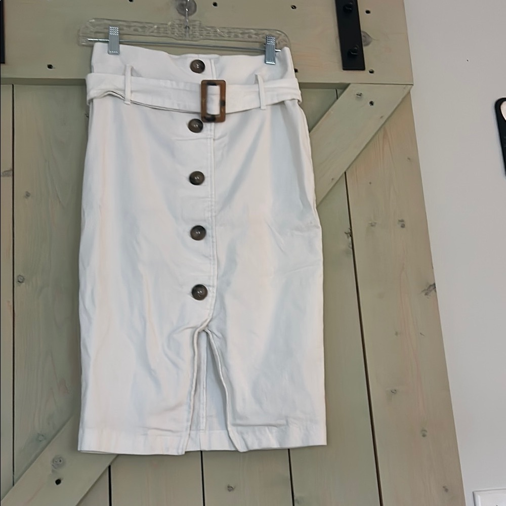 White Button-Front Midi Skirt